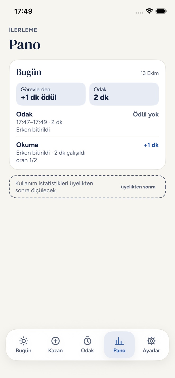 İlerleme ekranı: bugünün görev ödülü ve odak süresi ayrı ayrı