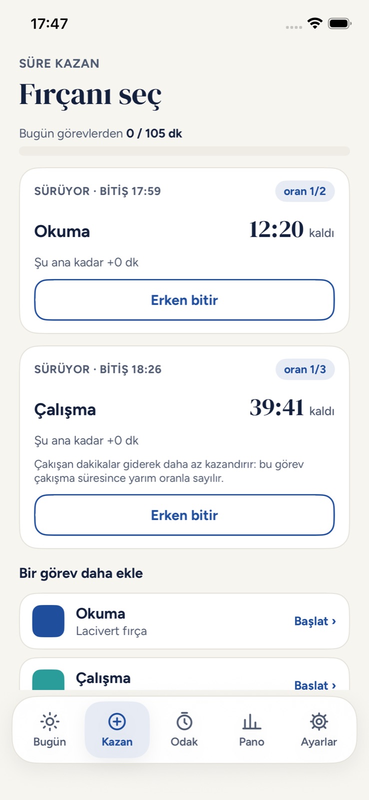 Süre Kazan ekranı: aynı anda çalışan iki görev ve kalan süreleri
