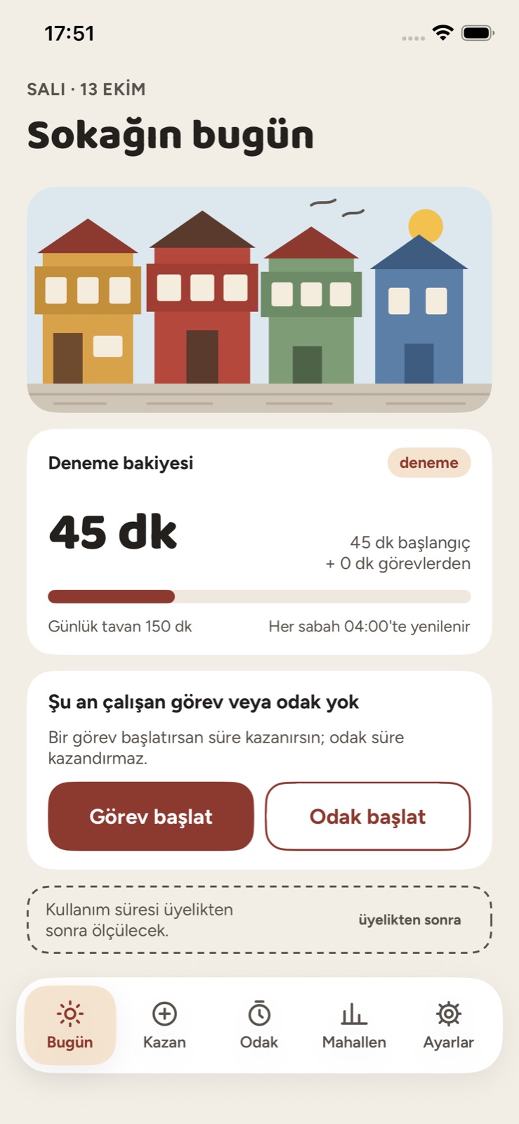 Mahalle temasında Denge'nin Bugün ekranı: “Sokağın bugün” başlığı, tema çizimi ve deneme bakiyesi