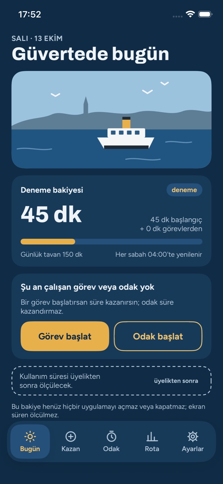 Vapur temasında Denge'nin Bugün ekranı: “Güvertede bugün” başlığı, tema çizimi ve deneme bakiyesi